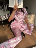 GETADME Women Pink Satin Striped Bow Print Pajama Set Short Sleeve Lapel Sleepwear Long Pants Casual Summer Pajamas Luxury Pajamas Set