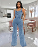 GETADME Women Jeans Rompers Sexy Overalls Jumpsuits Square Collar One Piece Solid Flare Pants Ankle Length Baics Spliced Button
