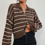 GETADME New European American POLO Collar Shoulder-sleeved Knitted Sweater Spring Autumn Casual Contrasting Striped Sweater Women