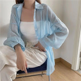 GETADME Shirt for Women Blouse Long Sleeve Top Female Chiffon Loose Cardigan Thin Sexy Solid Color Casual Shirt