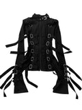 GETADME Punk Goth Bondage Strap Buckle Jacket Women Zip‑Up Flare Long Sleeve Top Dark Aesthetic Y2K StreetwearAdjustable StrapOuterwear