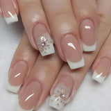 GETADME 24Pcs Short Square Coffin False Nails Square Fake Nails with Glue French Glitter Wearable Acrylic Nails Set Press on Nail Tips