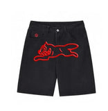 GETADME Summer original color washed flying dog print denim shorts beach trend loose fashion couple quarter pants straight casual pants