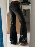 Jean GETADME Weekeep à broderie florale vintage années 2000, taille basse, évasé, style rétro Y2K, pantalon en denim baggy, basique de la mode urbaine.