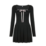 GETADME Rockmore Black Lace Up Square Collar Dresses Fashion Women Balletcore Aesthetic Bodycon Long Sleeve Mini Dress Korean Style