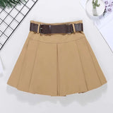 GETADME Brown Belted Mini Skirt Low Waisted Pleated Skirt with Belt Women Academia Aesthetic Vintage Outfit
