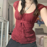 GETADME Elegant Lady Square Collar T-shirt Kawaii Bow Short Sleeve Pullovers Tees Y2K Vintage Fairy Grunge Women Crop Top Retro Clothes