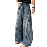 GETADME Korean Retro Jeans Men'S Curved Knife Pants Design Sense Vintage Casual Straight Leg Pants Loose Large Pocket Wide Leg Pants