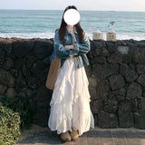 GETADME Deeptown Sweet Elegant White Long Skirt Women Fairycore Korean Style Lace Ruffle Skirt Asymmetrical Retro Street Layered Skirts