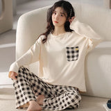 GETADME Autumn and Winter Models of Women's Long-Sleeved Pajamas Homewear Suit Korean Version of the Simple Leisure Pajamas Homewear