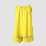 GETADME Women's Cotton Linen Sleeveless 2-Piece Set Hollow Embroidery Ruffled Camisole Tassel Vest Drawstring Shorts Printed Casual Set