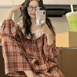 GETADME Spring New Knit Cotton Sleepwear 2 Pieces Women's Cute Home Clothes Suit Web Red Korean Style Home Clothes Pants Set Homewear