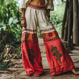 GETADME Vintage Women Casual Loose Print Wide Leg Pants Ethnic Print Bohemian Long Pants Women Fashion High Waist Solid Long Trousers