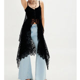 GETADME Women Sheer Maxi Lace Tanks Spaghetti Strap Mesh Tie Front Long Camisole Boho Flowy Floral See Through Coquette Layering Tops