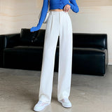 Pantalon tailleur GETADME pour femme, taille haute, longueur au sol, blanc, coupe ample, jambes larges, idéal pour l'automne et l'hiver. Pantalon droit long pour femme, parfait pour le bureau.