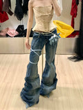 GETADME 2025 Spring Autumn Vintage Style Ruched Denim Flared Pants for Women Y2K Aesthetic Low Waist Slim Fit Bell Bottom Jeans Fashion