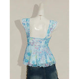 GETADME Summer fashion new V-neck bow slimming and slimming design, floral micro transparent suspender versatile top