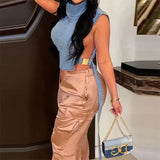 GETADME High Street Clubwear Denim Top Ladies Turtleneck Sleeveless Buckle Hollow Out Lace Up Femme Slim Fashion Trendy T-shirts 2025