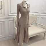 GETADME 레트로 우아한 니트 드레스 여성 긴팔 슬림 싱글 브레스트 바디콘 드레스 여성 라펠 할로우 아웃 롱 로브 베스티드