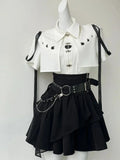 GETADME 에스테틱 Y2K 디자인 3피스 세트 여성복 고딕 버튼 디자인 탑 + 블랙 하이웨이스트 레트로 스커트 시크 벨트 프레피 세트