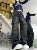Getadme-American Street Style Cargo Pants for Women Dark Gray Spring New Wide Leg Pants Women Loose Niche Design Y2k Jeans