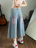 GETADME Women High Waist Cute Cartoon Cat Embroidery Jeans Girls Vintage Y2k Clothes Calf Length Denim Pants Harajuku Blue Streetwear