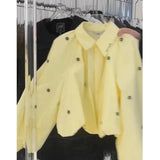 GETADME 여성 젊어 보이는 순간 우아한 셔츠 턴다운 칼라 긴 퍼피 슬리브 크롭 블라우스 봄 캐주얼 오피스 레이디 블라우스