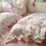 GETADME Ruffles Bedding Set Floral Style Duvet Cover Pillowcase with Bedsheet Skin-friendly Bed Linen Set Girls Room Bedclothes 이불세트