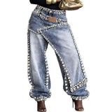 GETADME Women Wide Leg Pants Jeans Rhinestone Denims Distressed Washed Full Length Vintage Asymmetrical Trousers Y2k Streetwear 2026