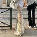 GETADME Two Layer Lace Trumpet & Mermaid Long Skirts For Women Vintage Elegant Fashion High Waist Skirt Holiday Outfits