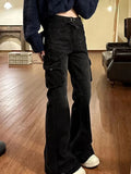 Getadme High Street Office Lady Black Flare Jeans Slim Bell Bottoms Gyaru Fashion Denim Trousers Multiple Pockets 2000s American Retro