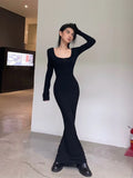 Getadme-Y2K Sexy Black Dress Women Vintage Wrap Slim Bodycon Long Dresses Party Evening Square Collar Fashion Spring Outfits