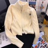 GETADME Vintage Korean Style Stand Collar Sweater Jacket Autumn/Winter Age-Reducing Zipper Embroidery Knitted Cardigan University Top