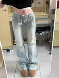 GETADME Low Waist Bell Bottom Jeans Women's Light Blue Washed Lace Splicing Design Spring Summer New Style Slimming Versatile Denim J...