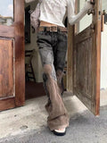 Getadme-Distressed Panelled Fringed Micro-Flare Jeans European And American Retro Fashion Straight Pants High Street Loose Casual Pants
