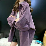 Getadme-가을 여성 셔츠 &amp; 블라우스 싱글 브레스티드 코듀로이 셔츠 한국 스타일 옷 루즈 탑 레이지 랜턴 슬리브 캐주얼 여성 상의