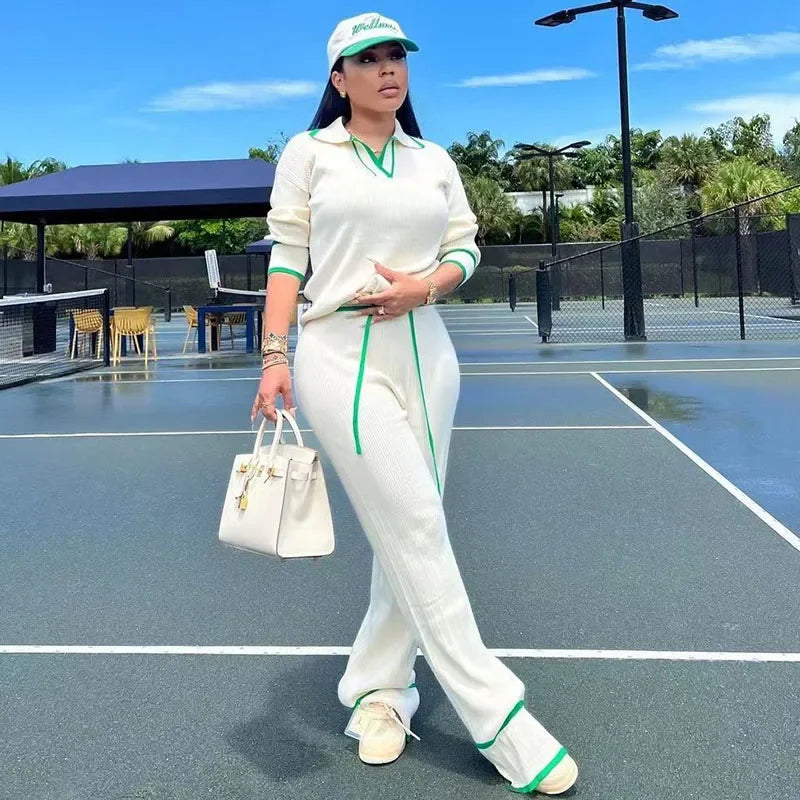 Ensemble de survêtement décontracté en maille GETADME Active Wear pour femme, deux pièces, haut rayé sport et pantalon large, idéal pour le jogging.