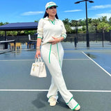 GETADME Active Wear Knitted Casual Tracksuit for Women Two Piece Set Sporty Fitness Striped Sweater Top and Wide Leg Pants Jogging Femme