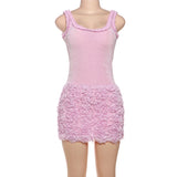 GETADME 2025 Summer U Neck Sleeveless Floral Stitching Hem Pink Sweet Girl's Mini Dresses High Waist Party Fashion Vestidos