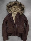 GETADME Autumn And Winter New Fashion Casual Fur Collar Jacket Female Y2K High Street Popular Padded Velvet Cotton-padded Jacket Coat