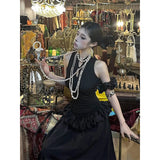 GETADME Vintage Black Long Dress Women Party Prom Ruffles Sleeveless Maxi Dresses Summer Y2K Gothic Patchwork Bodycon Vestidos New