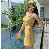 GETADME New 2025 Three-Piece Swimsuit Slimming Cover-Up Holiday Beauty Checkered Pattern Conservative Korean Style Bikini Set