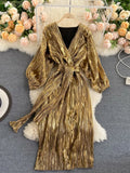 Getadme Summer Elegant Fashion Retro Court Style Dress Women's Dress New Style Temperament V-neck Lace Up Waist Dress Robe Argent