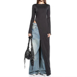 GETADME Y2K 여성 의류 긴팔 가을 사이드 하이 스플릿 O넥 롱 스타일 스트리트웨어 티셔츠 솔리드 타이트 여성 티셔츠 클럽웨어