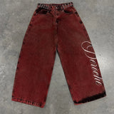 GETADME Y2K Casual Loose Jeans Vintage Letter Print Rivet Waist Belt Design Red High Waist Wide Leg Jeans Men Women Hip Hop Streetwear