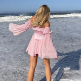 Getadme Fairy Pink Chiffon Mini Dress Chic Women Bandage Corset Vintage Long Puff Sleeve Sundress Slash Neck Bridesmaid Bodycon Beach
