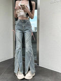 GETADME Korean Streetwear Casual Wide Leg Trousers Y2K Vintage High Waist Flare Jeans Women Fashion Bandage Slit Slim Denim Pants Summer
