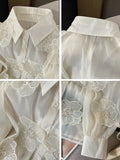 GETADME Spring Summer Long Sleeve Sequins Petals Applique White Beige Mesh Shirts and Blouses For Women Sexy See- through Tops