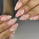 GETADME 24Pcs 3D Strawberry Rabbit Flower Fake Nails Press on Mid-length Almond Wearable False Nails Green Gradient Pearl Manicure Tips