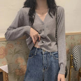 GETADME Women's Long Sleeve Cropped Cardigan V Neck Button Down Knit Lady Autumn Spring Knitted Single-breasted Cardigan Sweaters